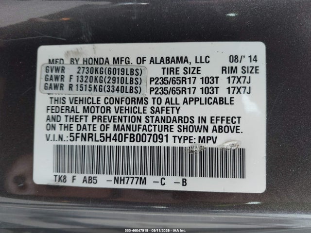 Aukcja sprzedaży 2015 Honda Odyssey Ex, vin: 5FNRL5H40FB007091, numer aukcji: 46047919