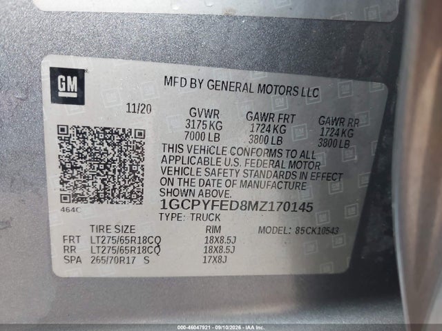 46047921 :رقم المزاد ، 1GCPYFED8MZ170145 vin ، 2021 Chevrolet Silverado 1500 4wd  Short Bed Lt Trail Boss مزاد بيع