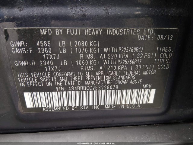 46047929 :رقم المزاد ، 4S4BRBCC2E3228079 vin ، 2014 Subaru Outback 2.5i Premium مزاد بيع