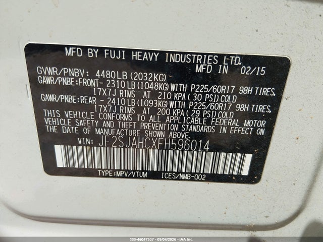 Продажа на аукционе авто 2015 Subaru Forester 2.5i Limited, vin: JF2SJAHCXFH596014, номер лота: 46047937