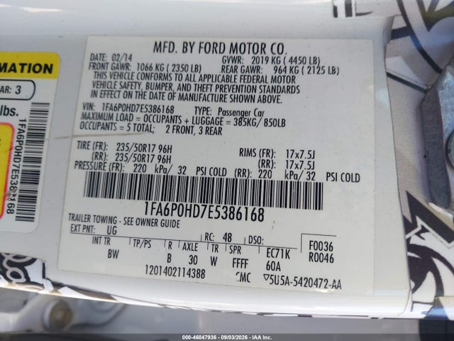2014 Ford Fusion Se მანქანა იყიდება აუქციონზე, vin: 1FA6P0HD7E5386168, აუქციონის ნომერი: 46047936