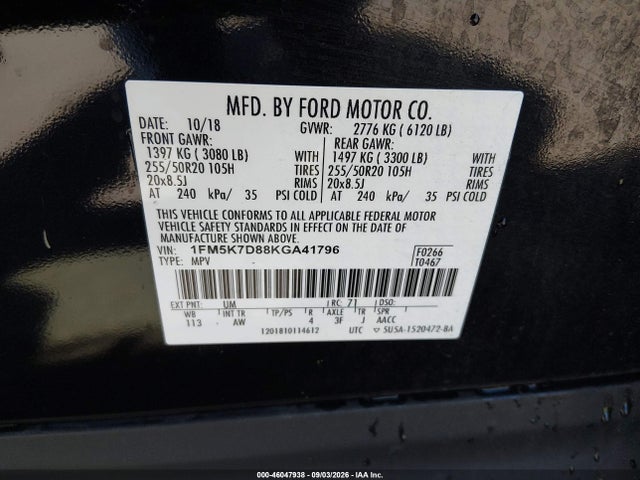 46047938 :رقم المزاد ، 1FM5K7D88KGA41796 vin ، 2019 Ford Explorer Xlt مزاد بيع