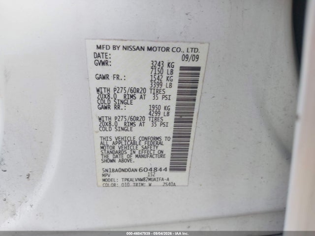2010 Nissan Armada Platinum მანქანა იყიდება აუქციონზე, vin: 5N1BA0ND0AN604844, აუქციონის ნომერი: 46047939