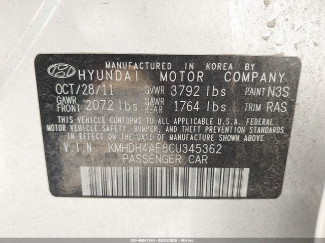 46047944 :رقم المزاد ، KMHDH4AE8CU345362 vin ، 2012 Hyundai Elantra Gls (ulsan Plant) مزاد بيع