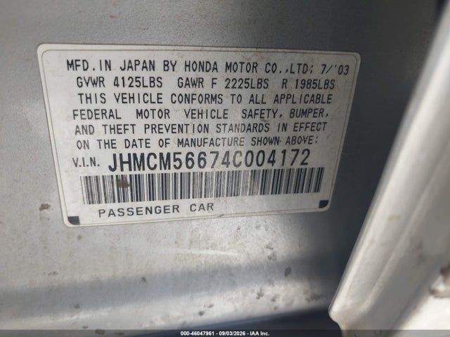 46047961 :رقم المزاد ، JHMCM56674C004172 vin ، 2004 Honda Accord 2.4 Ex مزاد بيع