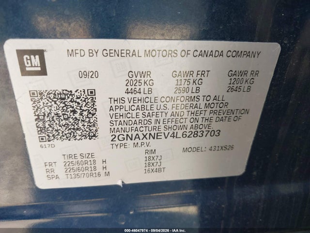 46047974 :رقم المزاد ، 2GNAXNEV4L6283703 vin ، 2020 Chevrolet Equinox Fwd Premier 1.5l Turbo مزاد بيع