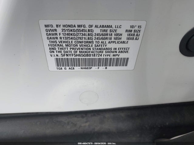Honda Pilot Ex-l 2016 5FNYF5H65GB018724 Image 9