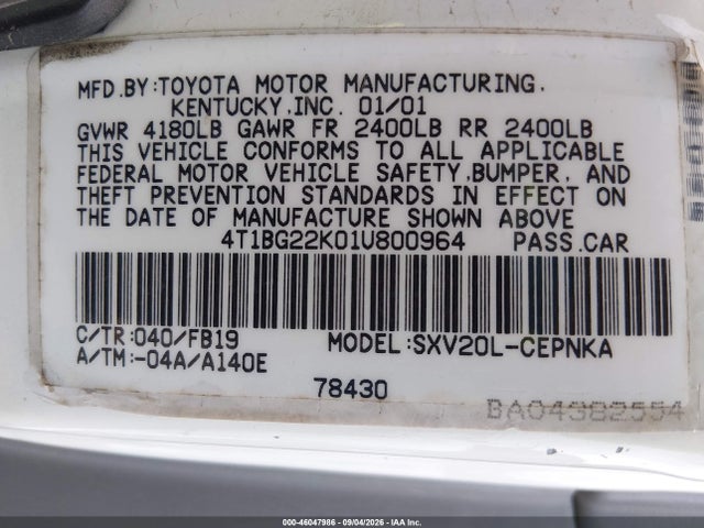 Продажа на аукционе авто 2001 Toyota Camry Le, vin: 4T1BG22K01U800964, номер лота: 46047986