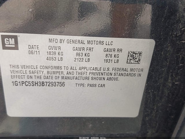 2011 Chevrolet Cruze Ls მანქანა იყიდება აუქციონზე, vin: 1G1PC5SH3B7293756, აუქციონის ნომერი: 46047987