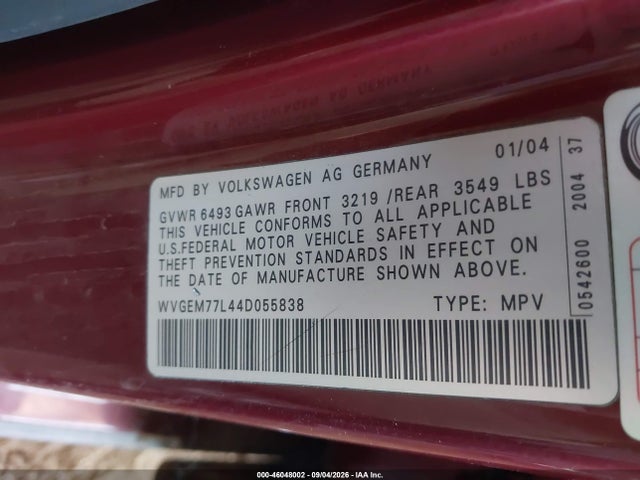 Aukcja sprzedaży 2004 Volkswagen Touareg V8, vin: WVGEM77L44D055838, numer aukcji: 46048002