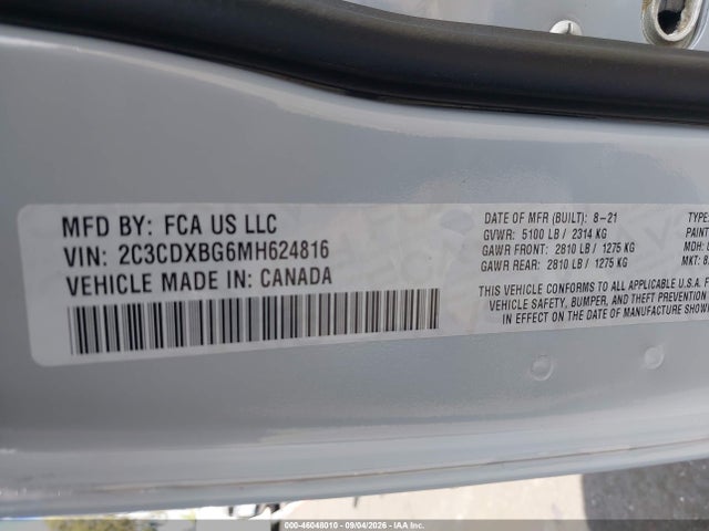 Продаж на аукціоні авто 2021 Dodge Charger Sxt Rwd, vin: 2C3CDXBG6MH624816, номер лоту: 46048010