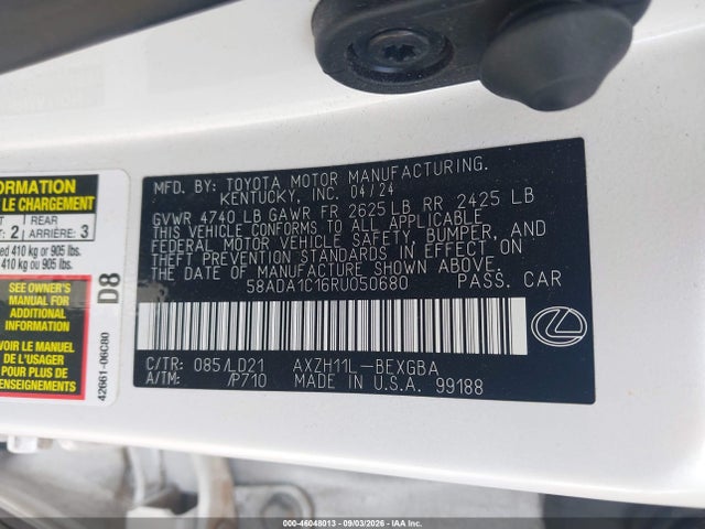 46048013 :رقم المزاد ، 58ADA1C16RU050680 vin ، 2024 Lexus Es 300h مزاد بيع