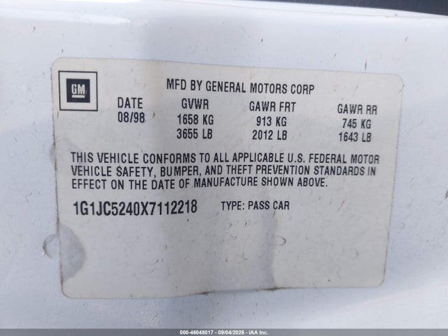 1999 Chevrolet Cavalier მანქანა იყიდება აუქციონზე, vin: 1G1JC5240X7112218, აუქციონის ნომერი: 46048017