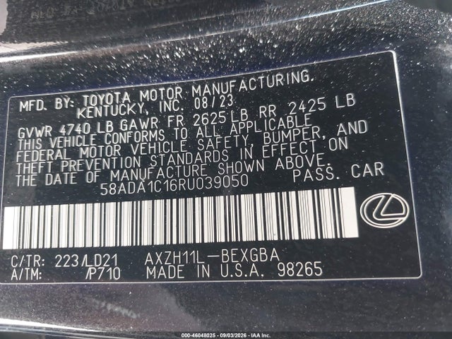 46048025 :رقم المزاد ، 58ADA1C16RU039050 vin ، 2024 Lexus Es 300h مزاد بيع