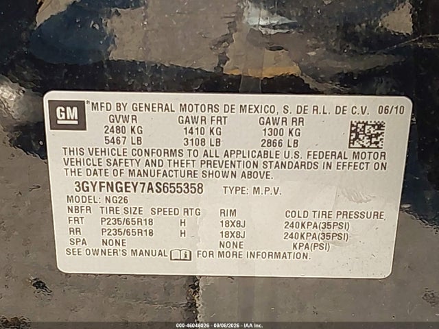 Auction sale of the 2010 Cadillac Srx Standard, vin: 3GYFNGEY7AS655358, lot number: 46048026