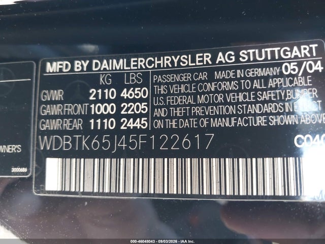 46048043 :رقم المزاد ، WDBTK65J45F122617 vin ، 2005 Mercedes-benz Clk 320 مزاد بيع