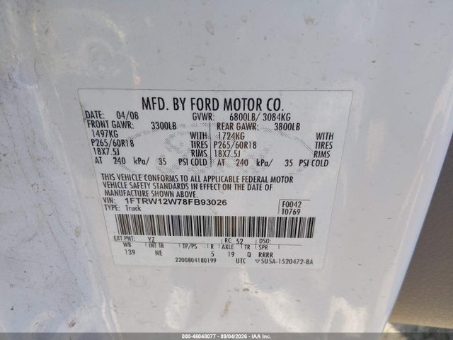 Продажа на аукционе авто 2008 Ford F-150 60th Anniversary/fx2/xl/xlt, vin: 1FTRW12W78FB93026, номер лота: 46048077