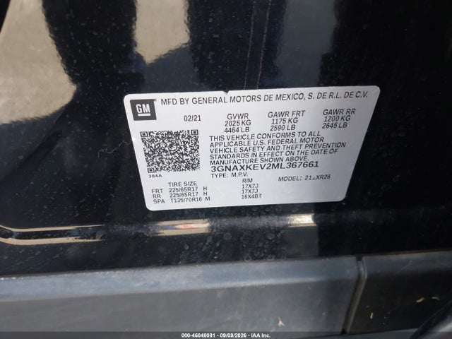 Auction sale of the 2021 Chevrolet Equinox Fwd Lt, vin: 3GNAXKEV2ML367661, lot number: 46048081