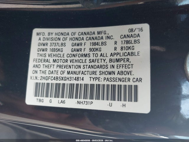 46048086 :رقم المزاد ، 2HGFC4B5XGH314814 vin ، 2016 Honda Civic Lx مزاد بيع