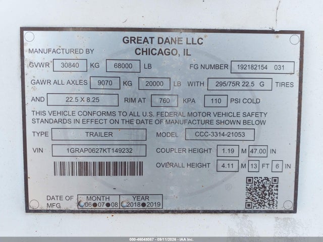 Продажа на аукционе авто 2019 Great Dane Trailers Unknown, vin: 1GRAP0627KT149232, номер лота: 46048087