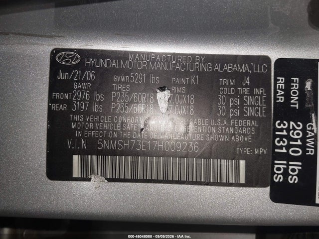 Aukcja sprzedaży 2007 Hyundai Santa Fe Limited/se, vin: 5NMSH73E17H009236, numer aukcji: 46048088