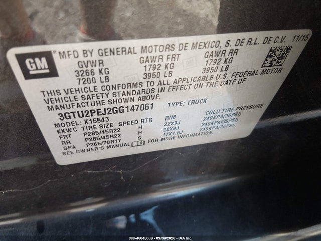 46048089 :رقم المزاد ، 3GTU2PEJ2GG147061 vin ، 2016 Gmc Sierra 1500 Denali مزاد بيع