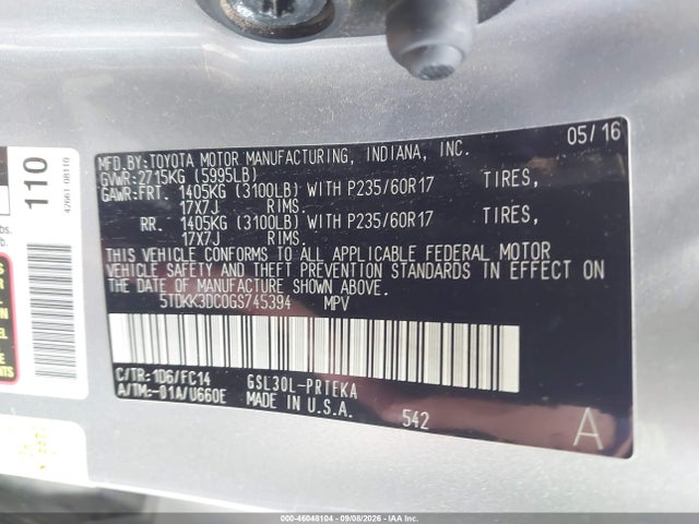 5TDKK3DC0GS745394 Toyota Sienna Le 8 Passenger