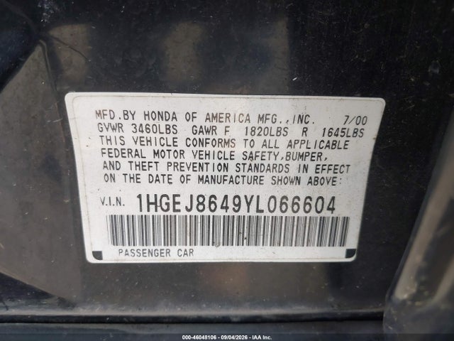 46048106 :رقم المزاد ، 1HGEJ8649YL066604 vin ، 2000 Honda Civic Ex مزاد بيع