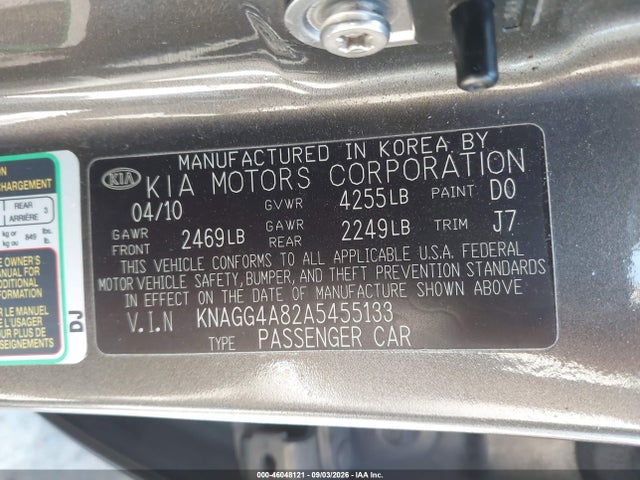 Aukcja sprzedaży 2010 Kia Optima Lx, vin: KNAGG4A82A5455133, numer aukcji: 46048121