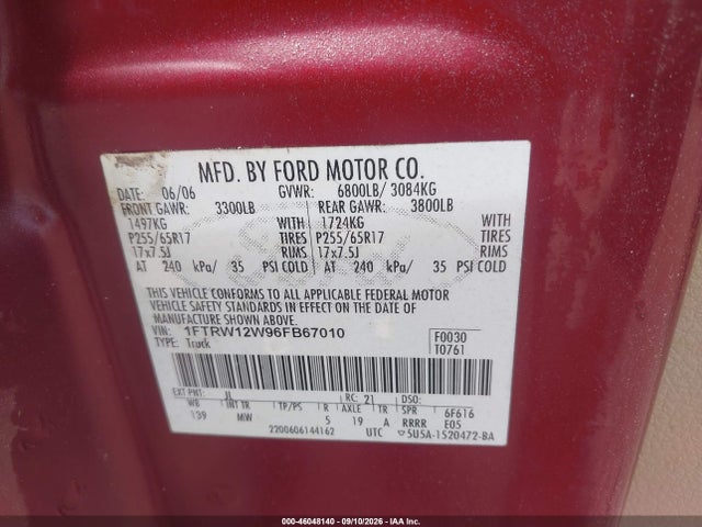 2006 Ford F-150 Xlt მანქანა იყიდება აუქციონზე, vin: 1FTRW12W96FB67010, აუქციონის ნომერი: 46048140