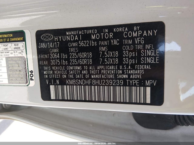Hyundai Santa Fe Se 2017 KM8SNDHF8HU239239 Image 9