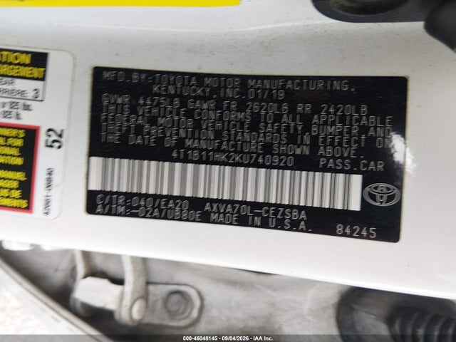 46048145 :رقم المزاد ، 4T1B11HK2KU740920 vin ، 2019 Toyota Camry Se مزاد بيع