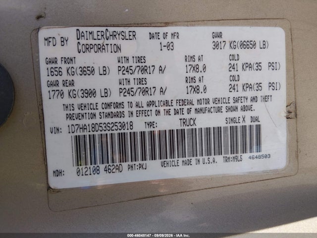 46048147 :رقم المزاد ، 1D7HA18D53S253018 vin ، 2003 Dodge Ram 1500 Slt/laramie/st مزاد بيع