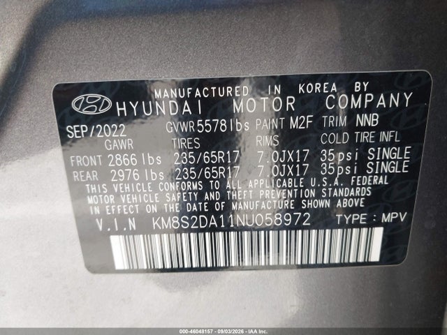 46048157 :رقم المزاد ، KM8S2DA11NU058972 vin ، 2022 Hyundai Santa Fe Hybrid Blue مزاد بيع