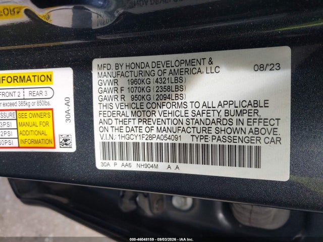 46048159 :رقم المزاد ، 1HGCY1F28PA054091 vin ، 2023 Honda Accord Lx مزاد بيع