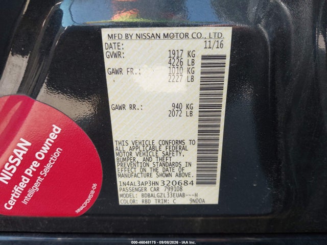 46048175 :رقم المزاد ، 1N4AL3AP3HN320684 vin ، 2017 Nissan Altima 2.5 S مزاد بيع