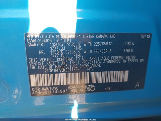 2019 Toyota Rav4 Xle მანქანა იყიდება აუქციონზე, vin: 2T3P1RFV8KC044699, აუქციონის ნომერი: 46048181
