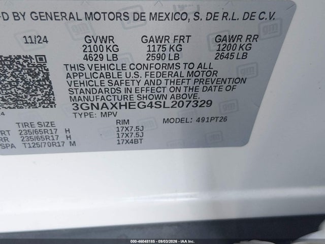 46048185 :رقم المزاد ، 3GNAXHEG4SL207329 vin ، 2025 Chevrolet Equinox Fwd Lt مزاد بيع