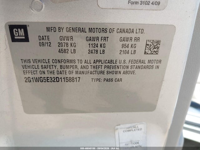 Продажа на аукционе авто 2013 Chevrolet Impala Lt, vin: 2G1WG5E32D1158817, номер лота: 46048188