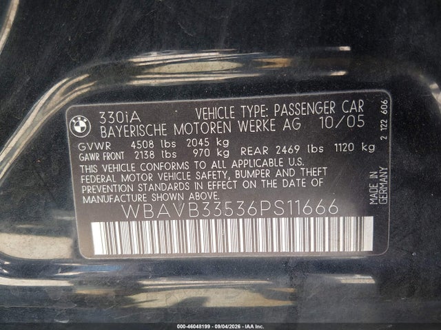 2006 Bmw 330i მანქანა იყიდება აუქციონზე, vin: WBAVB33536PS11666, აუქციონის ნომერი: 46048199