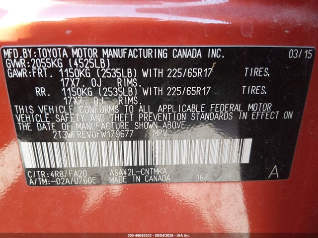 2015 Toyota Rav4 Xle მანქანა იყიდება აუქციონზე, vin: 2T3WFREV0FW179677, აუქციონის ნომერი: 46048202
