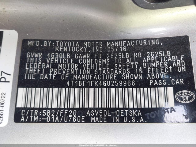 2016 Toyota Camry Se მანქანა იყიდება აუქციონზე, vin: 4T1BF1FK4GU259966, აუქციონის ნომერი: 46048209