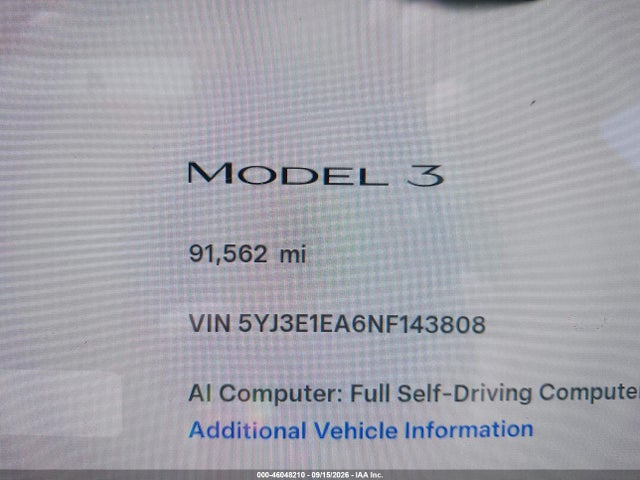 Aukcja sprzedaży 2022 Tesla Model 3 Rear-wheel Drive, vin: 5YJ3E1EA6NF143808, numer aukcji: 46048210