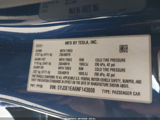 Aukcja sprzedaży 2022 Tesla Model 3 Rear-wheel Drive, vin: 5YJ3E1EA6NF143808, numer aukcji: 46048210