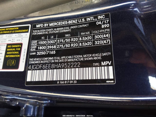 46048214 :رقم المزاد ، 4JGDF6EE8HA952222 vin ، 2017 Mercedes-benz Gls 450 4matic مزاد بيع