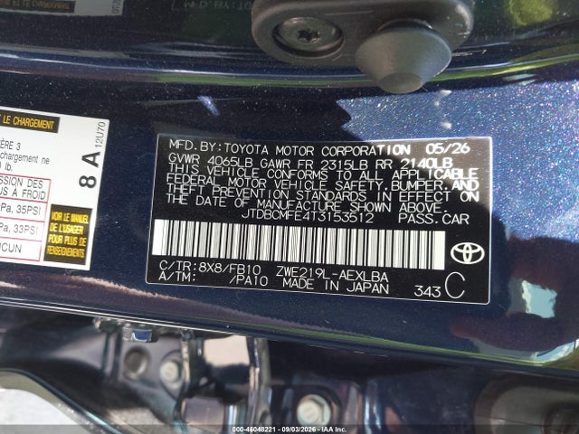 Aukcja sprzedaży 2026 Toyota Corolla Hybrid Hybrid Le, vin: JTDBCMFE4T3153512, numer aukcji: 46048221