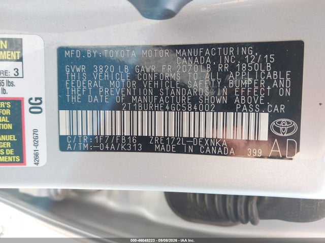 46048223 :رقم المزاد ، 2T1BURHE4GC584002 vin ، 2016 Toyota Corolla Le مزاد بيع