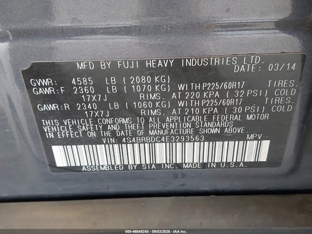 4S4BRBDC4E3293563 Subaru Outback 2.5i Premium