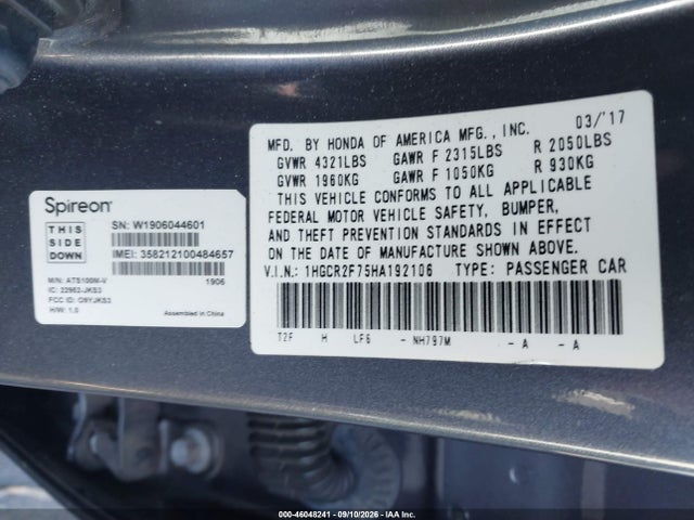 46048241 :رقم المزاد ، 1HGCR2F75HA192106 vin ، 2017 Honda Accord Ex مزاد بيع