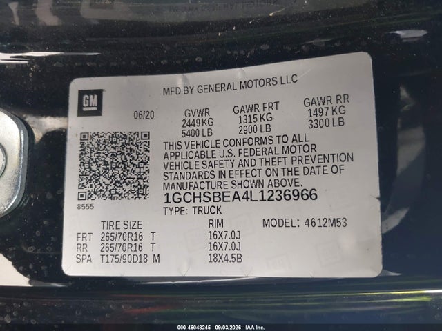 Aukcja sprzedaży 2020 Chevrolet Colorado 2wd  Long Box Wt, vin: 1GCHSBEA4L1236966, numer aukcji: 46048245